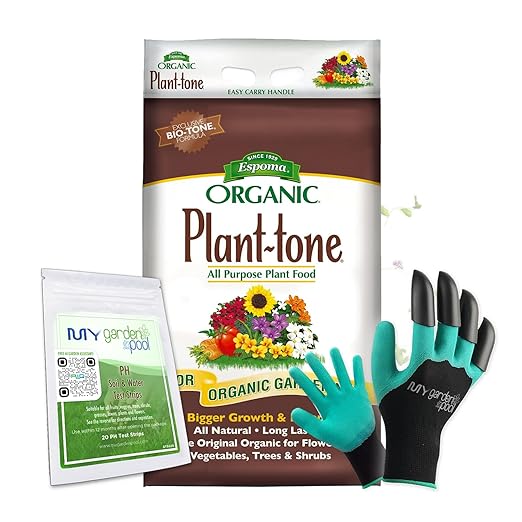 Espoma PT18 Organic Plant-Tone 5-3-3 18 lb. Bag with My Garden Pool PH Soil Test Strips 20 ct and Superior Gardening Claw Gloves and Garden-IQ Smart Gardening AI Assistant!