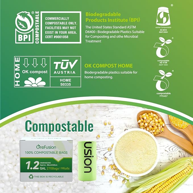 GreFusion Compostable Trash Bags Small 2.6 Gallon 270 Count 0.72 Mils Thick Eco Friendly ASTM D6400 &amp BPI Certified Composts Food Scraps No Leaks