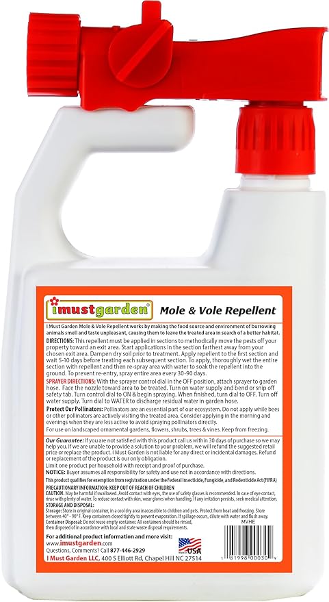 I Must Garden Mole &amp Vole Repellent Hose End Concentrate: Professional Strength – Twice The Coverage – All Natural Ingredients – 32oz