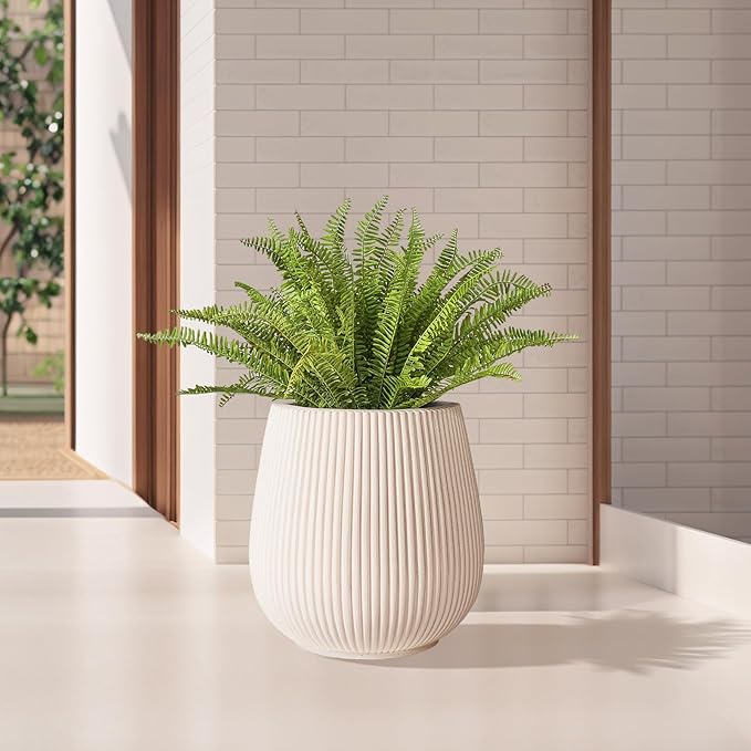 16 Inch Handmade Concrete Outdoor Planter - Classic Striped Design | Fiberglass &amp Composite Material | Durable for Commercial &amp Home Decor