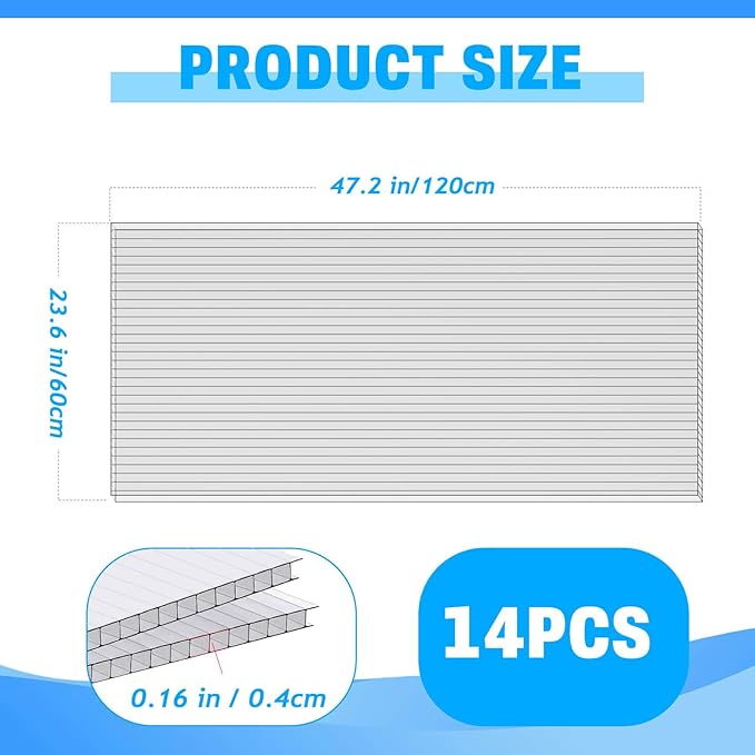 14 PCS Polycarbonate Greenhouse Panels 4' x 2' x 0.16 Twin-Wall Panels Polycarbonate Sheets for All Weather Greenhouse Covering Excellent Light Transmission &amp Weather Resistance