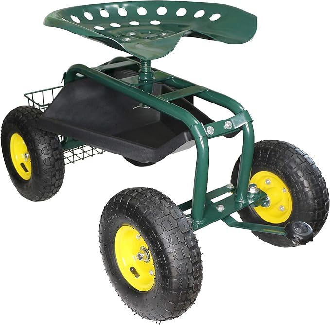 Garden Cart with Seat Rolling Garden Seat with steerable Front Wheels Tool Tray and Storage Basket NO Handle Garden Patio Wagon Scooter for Planting Indigo