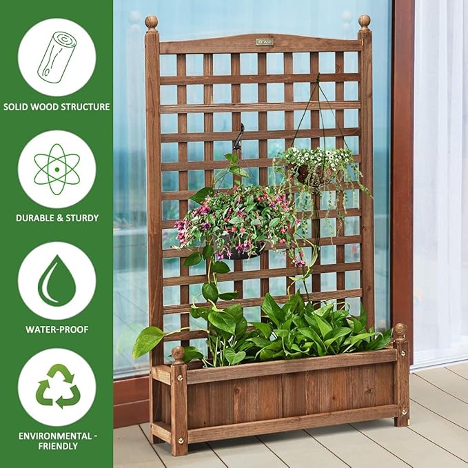 GRAFFY Wood Planter Raised Bed with Trellis Outdoor Raised Garden Bed Planter Box for Climbing Plants w/Drainage Holes Free-Standing Raised Planter for Patio Garden Yard