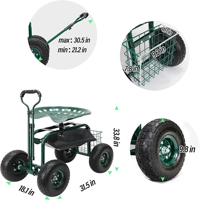 BESTHLS Garden Cart with Seat on Wheels Rolling Gardening Stool with Wheels Heavy Duty for Planting with 360 Degree Swivel Seat Steering Handle &amp Utility Tool Tray