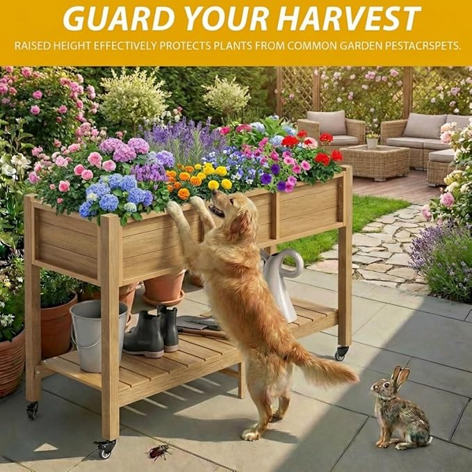 DWVO 47x18x31in Raised Garden Bed Outdoor HDPE with Legs and Lockable Wheels Weather-Resistant Poly-Wood Elevated Planter Box Double Tier Planters for Backyard Patio Balcony Brown