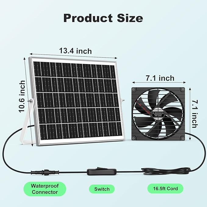 7.1 Solar Greenhouse Fan 2 Pack 25W x 2 Large Solar Powered Intake and Exhaust Fan Outdoor Waterproof 16.5 ft Cord Strong Airflow for Chicken Coop Shed Cabin Circulation and Ventilation