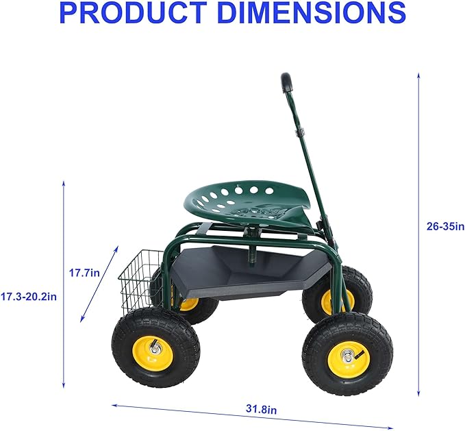 3-in-1 Garden Cart with Seat - Rolling Stool Adjustable Height Storage Tray &amp Utility Basket (Green)