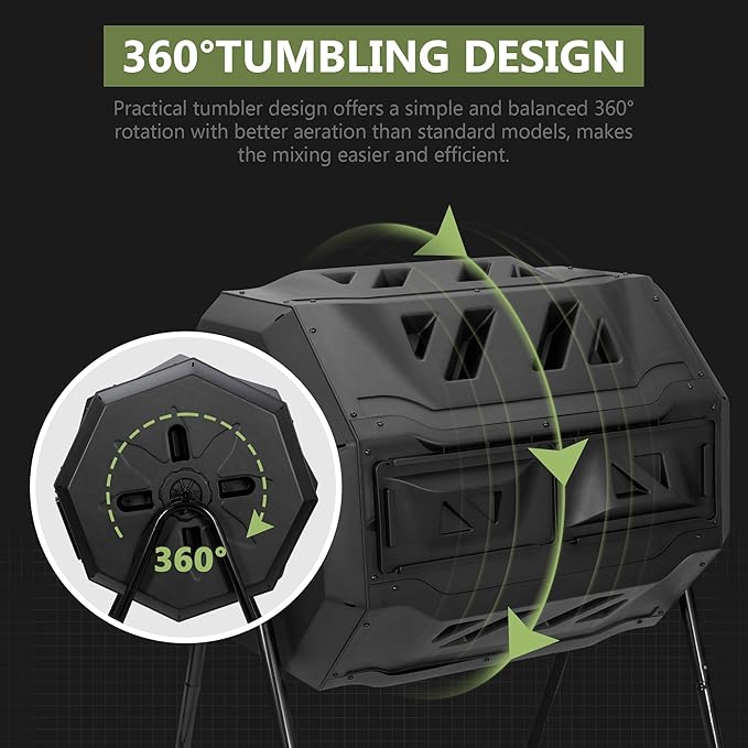 SUPER DEAL Outdoor Compost Tumbler 43 Gallon Dual Chamber BPA Free Large Compost Bin 360° Rotating Tumbling Composter for Garden Yard Black