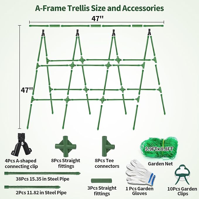 A-Frame Cucumber Trellis for Raised Bed - 47 x 47in Heavy-Duty Detachable Garden Trellis with Netting &amp Clips Support for Climbing Outdoor Cucumber Tomatoes Luffa Bitter Melon Vining Flowers