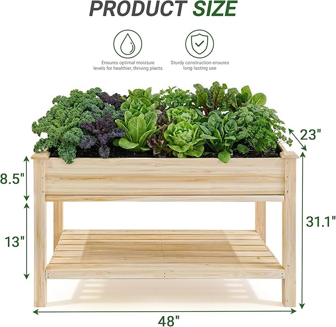 48 x 23 x 31 Inches Raised Garden Bed with Legs Elevated Wooden Planter Box for Outdoor Plants with Water Collection Tray Storage Shelf Protective Liner Natural