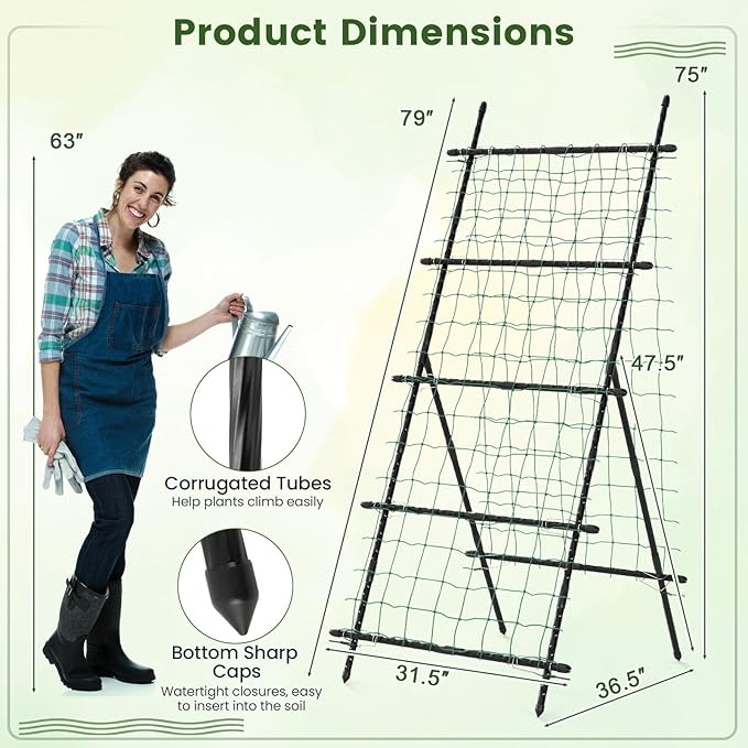 Giantex Cucumber Trellis Trellis for Climbing Plants Outdoor Garden Trellis w/Netting PE-Coated Metal Clips Plant Support for Flower Vine Grape Vegetable Fruit Adjustable Shape 31x 26x74