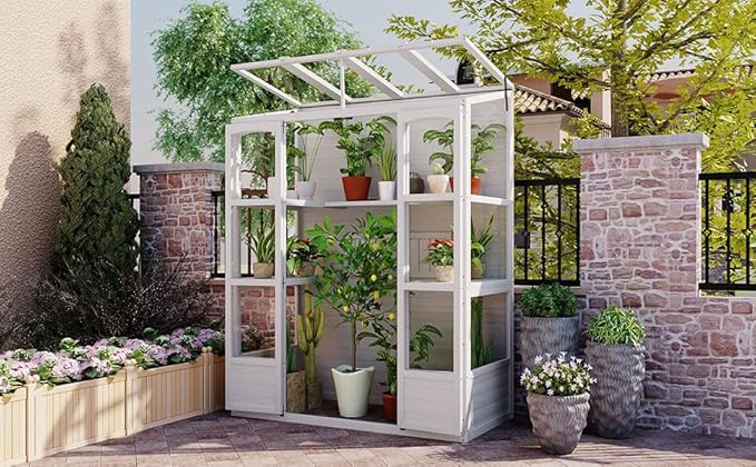 Walk-in Greenhouse for Outdoor 78 Inch Wooden Green House Cold Frame with 2 Doors 4 Openable Independent Skylights 2 Folding Middle Shelves Heavy Duty Plant Gardening Green House for Backyard White