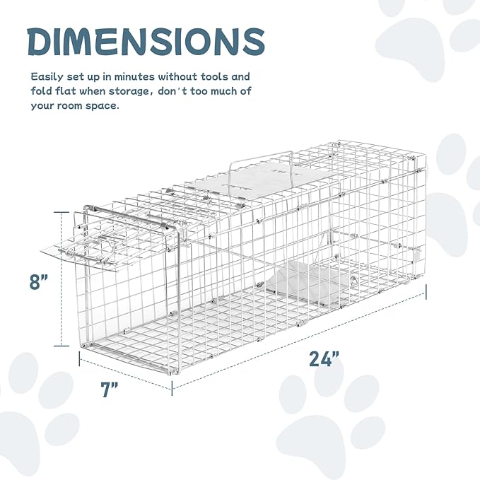 Animal Trap 24x8x7 Cage Trap Heavy Duty Folding Raccoon Traps Humane Cat Trap for Stray CatsRabbitsSquirrelsOutdoor Small Animal TrapHumane Catch &amp Release