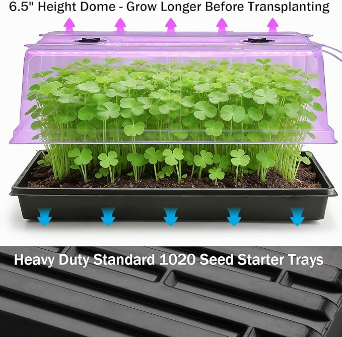1020 Nursery Tray with Grow Lights - 4-Pack 6.3 Extra High Humidity Dome &amp Heavy Duty Propagation Tray 8-Pack Integrated 96 Full Spectrum LED with Timer/5 Dimmable Levels Reusable Greenhouse Ki