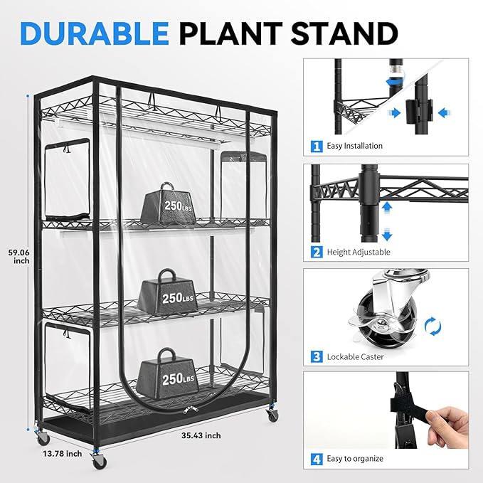 JESLED Indoor Greenhouse with Grow Light 3FT Full Spectrum 5000K LED Light for Seed Starting Tiered Lighting Control Built-in Timer &amp Thermo-Hygrometer Rolling Metal Plant Stand (35.4x13.8x59I