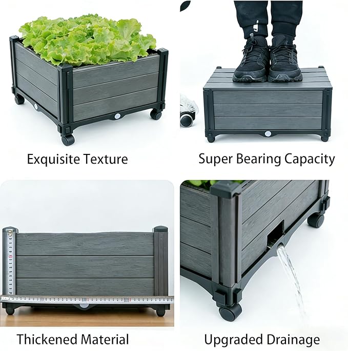 3-Pack Elevated Raised Garden Beds Outdoor with Wheels Sturdy Plastic Planter Boxes with Drainage for Patio Balcony Lawn &amp Backyard Gardening