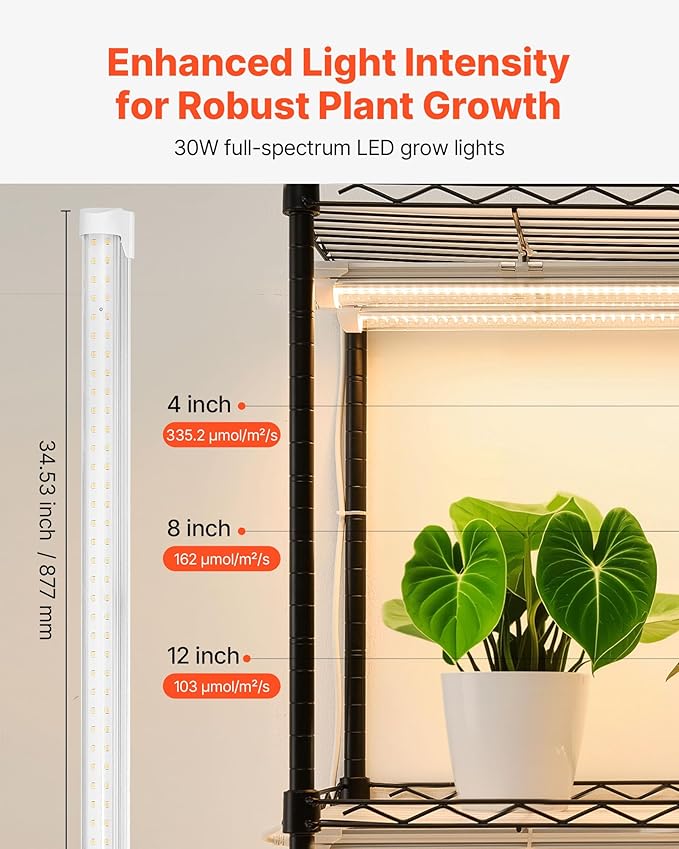VEVOR Indoor Greenhouse with Grow Light 59 in Tall 4-Tier Plant Stand with Clear Cover Timer &amp Hygrometer 180W Full Spectrum Grow Lights Metal Lighted Plants Shelf Holder for Indoor Plants
