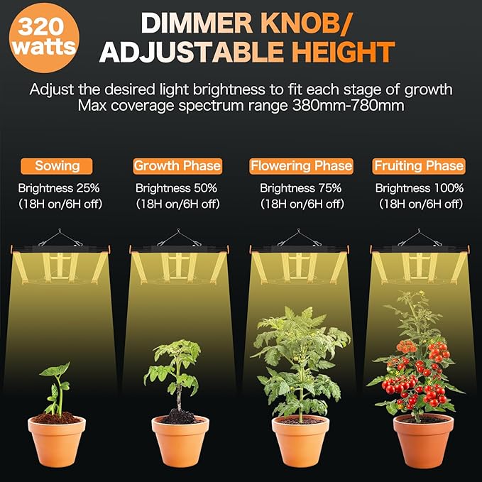 320W LED Grow Light 3x3ft Coverage Full Spectrum Daisy Chain Growing Light Dimmable &amp Retractable Bar Style Grow Lamp for Indoor Plants Greenhouse Vegetable Flower