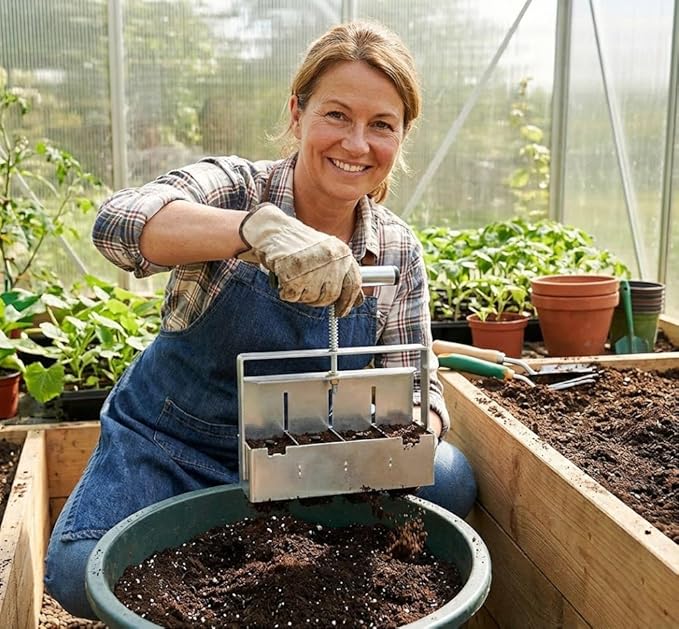 Soil Blocker 4 Cell 2 Inch – Heavy Duty Stainless Steel Soil Block Maker with Ergonomic Handle &amp 3 Size Seed Pins – Handheld Soil Blocker for Seed Starting Greenhouse Garden Tools