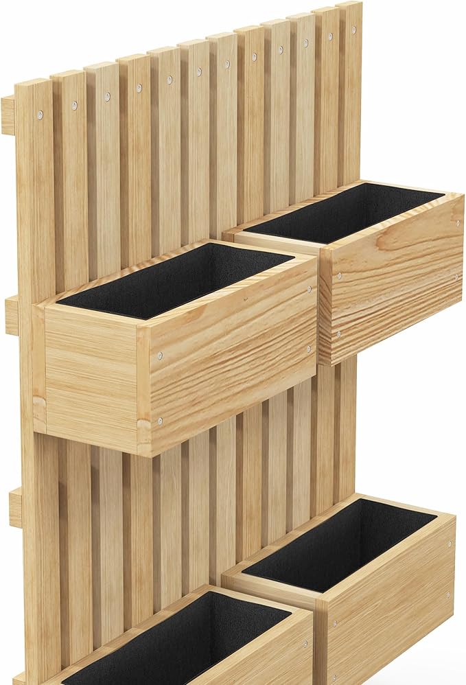 4 Box Raised Garden Bed with for Vine Flowers Climbing Plants 31.5 Tall Wall Mounted Wood Planter Box Set with Adjustable Height Drainage Hole Natural