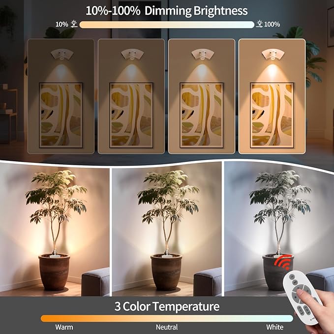 Zoomable Upgrade Wireless Spot Lights Indoor Dimmable Spotlight Indoor with Remote and Timer Rechargeable Uplighting for Paintings White Spot Lights for Tree Plants (1 Pack)
