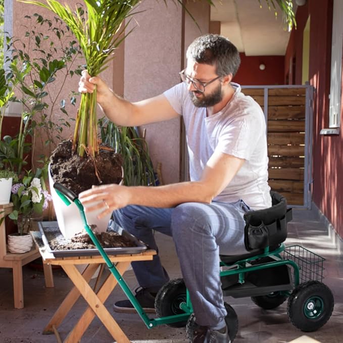 Rolling Garden Cart with Cushioned Backrest &amp Seat Outdoor Gardening Stool for Planting Garden Scooter with 360 Degree Swivel Seat &amp Steering Handle &amp Tool Tray (Backrest Seat+Handle Gre