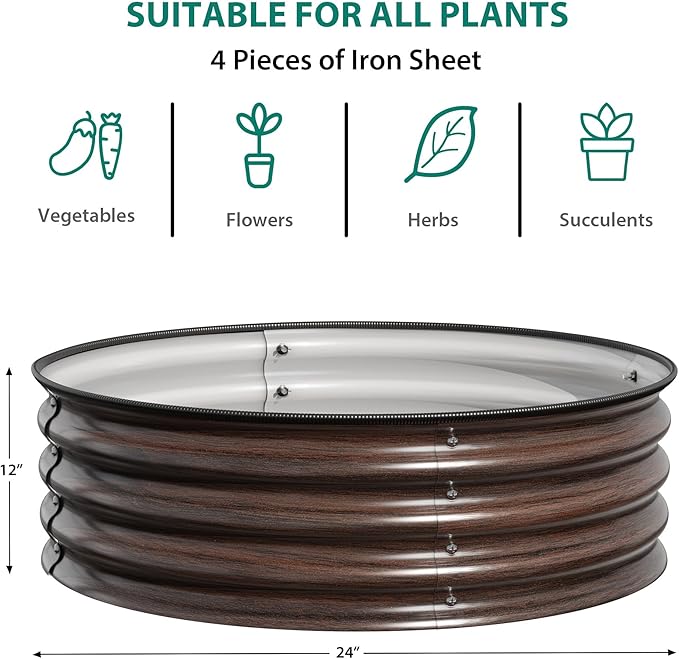 2x2x1ft Round Metal Raised Garden Beds – Corrosion-Resistant Galvanized Steel Quick Assembly Safe Rubber Edges for Planting Landscaping