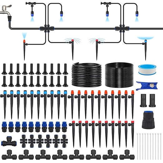 230FT Drip Irrigation System for Garden with 40 Nozzles &amp Emitters Garden Watering System with 1/2 &amp 1/4 Tube Adjustable Sprinklers Kit for Greenhouse Lawn Flower Beds Raised Bed