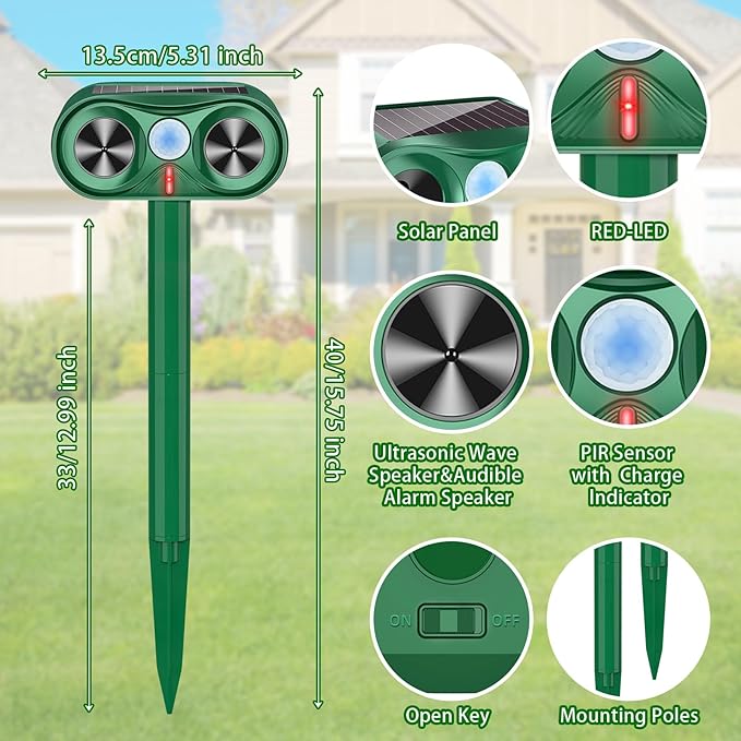 2025 4Pack Deer Deterrent Device Solar Animal Repeller Cat Repellent Outdoor Ultrasonic Animal Repellent with Motion Detection to Scare Coyote Rabbit Squirrel Skunk Dog Fox Repellent for Yard