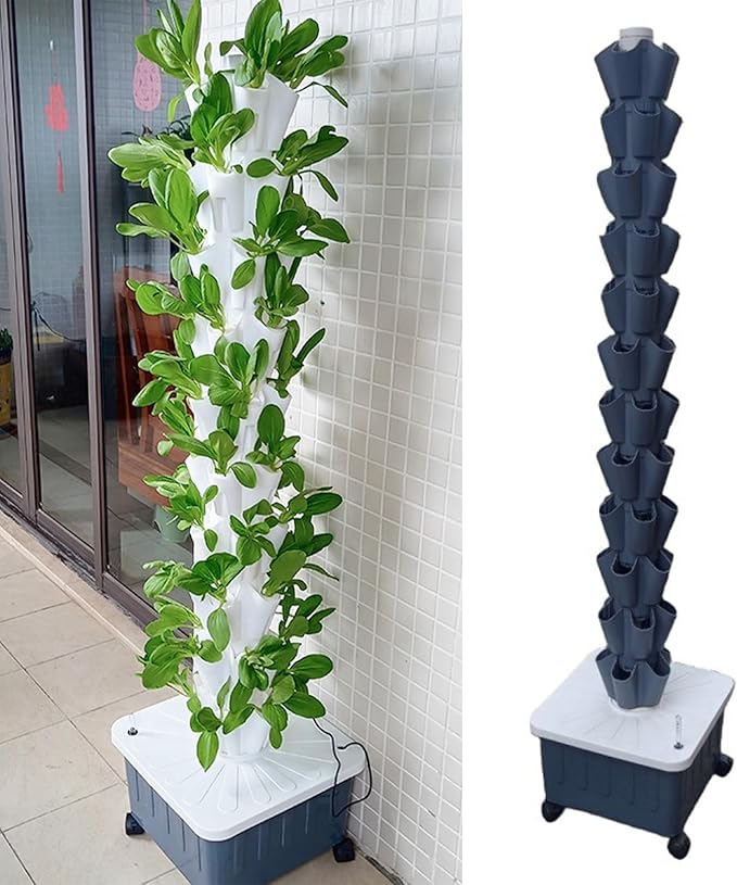 5-Hole Hydroponic Growing System Soilless Cultivation Equipment Garden Balcony Vertical Tower Planters DIY Vegetable Pot&ampPlanter(Gray12th floor)