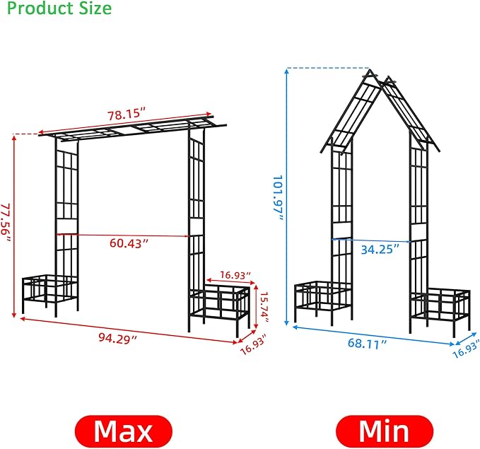 Metal Garden Arch Trellis for Climbing Plants Adjustable Width 68.11 to 94.29 Outdoor Rose Arbor with Flat Top Ceremony Decoration Archway for Wedding Events Lawn Patio Decor