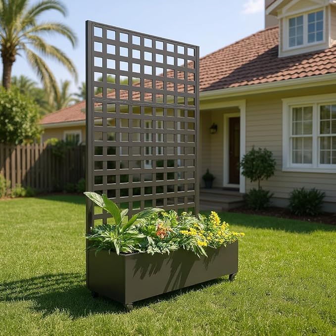 GarveeHome Metal Raised Garden Bed with Trellis and Wheels Planter Box for Climbing Plants Vegetables with Square Lattice Trellis Drainage Holes &amp Privacy Screen for Garden &amp Backyard
