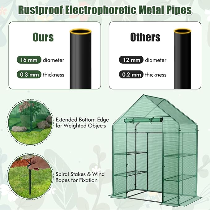 Walk-in Greenhouse Portable Plant Garden House with 4 Tier 8 Shelves &amp Zippered Roll Up Door Mini Growing House for Indoor Outdoor Garden Patio Backyard