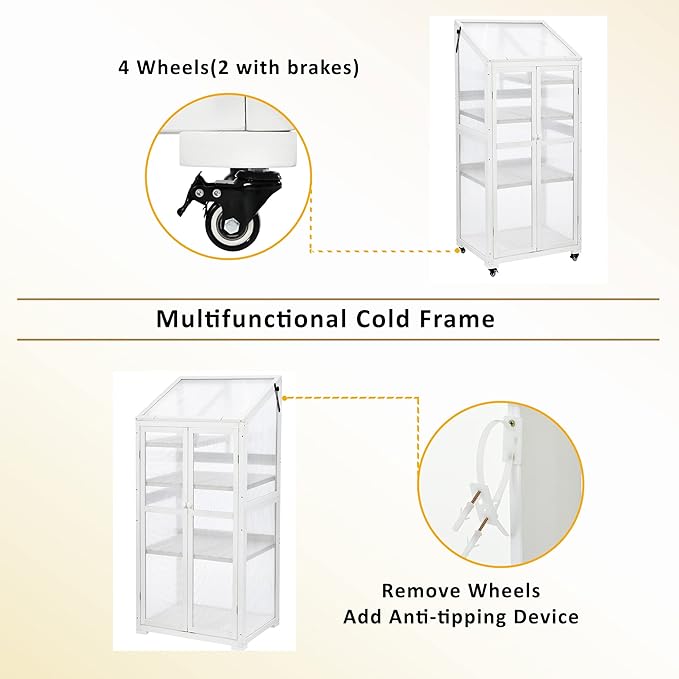 Mini 4-Tier Greenhouse with Locking Wheels 62 Inch Height Portable Wooden Green House Cold Frame with Adjustable Shelves and Vent Small Garden House for Outdoor Indoor White