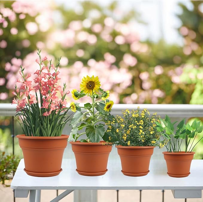 8 Inch Plastic-Flower Pot-for-Indoor Plants 4 Pack Large Outdoor Planter Pot with Drainage Holes &amp Saucers Resin Decorative Garden Pots Planters