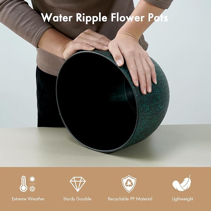 12 Inch Wide Water Ripples Flower Pots for Indoor or Outdoor Plants Large Plant Pots with Drainage Holes &amp Saucer Plastic Planters Set for Garden &amp Home Decor (Black with Green Speckles)