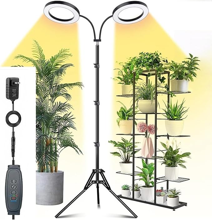 Height Adjustable Plant Grow Light 108 LEDs Full Spectrum Grow Lights Auto Timer 3 9 12Hrs 6 Brightness (US Plug 3 Heads 28W Use 3A Adapter)