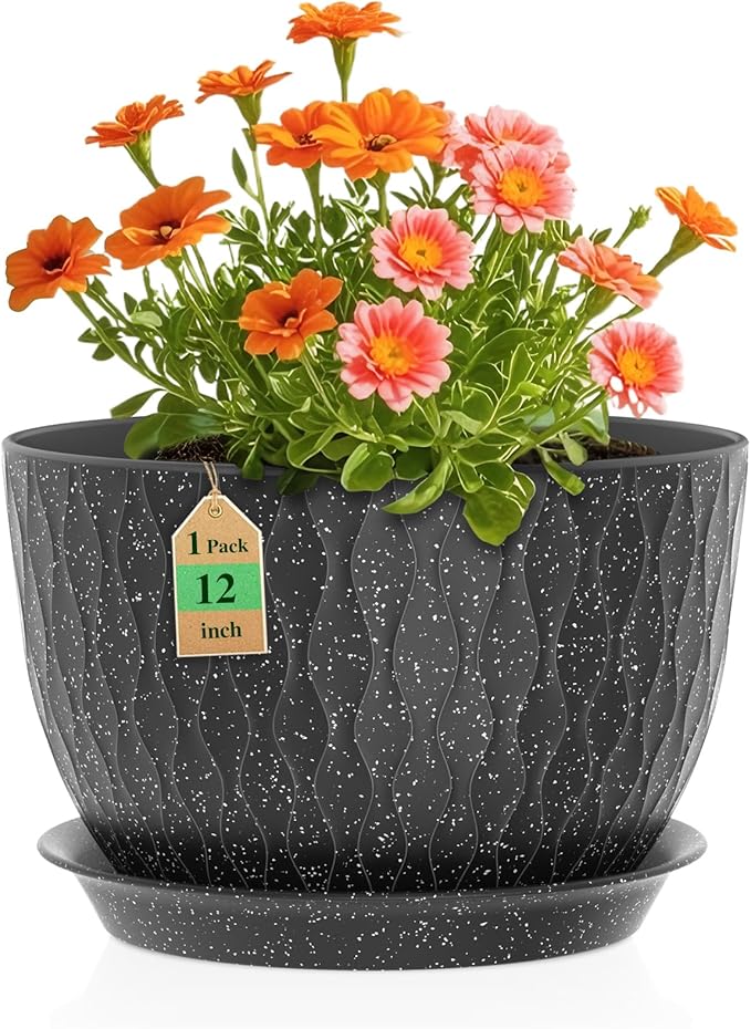 12 Inch Wide Water Ripples Flower Pots for Indoor or Outdoor Plants Large Plant Pots with Drainage Holes &amp Saucer Plastic Planters Set for Garden &amp Home Decor (Black with White Speckles)