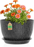 12 Inch Wide Water Ripples Flower Pots for Indoor or Outdoor Plants Large Plant Pots with Drainage Holes &amp Saucer Plastic Planters Set for Garden &amp Home Decor (Black with White Speckles)