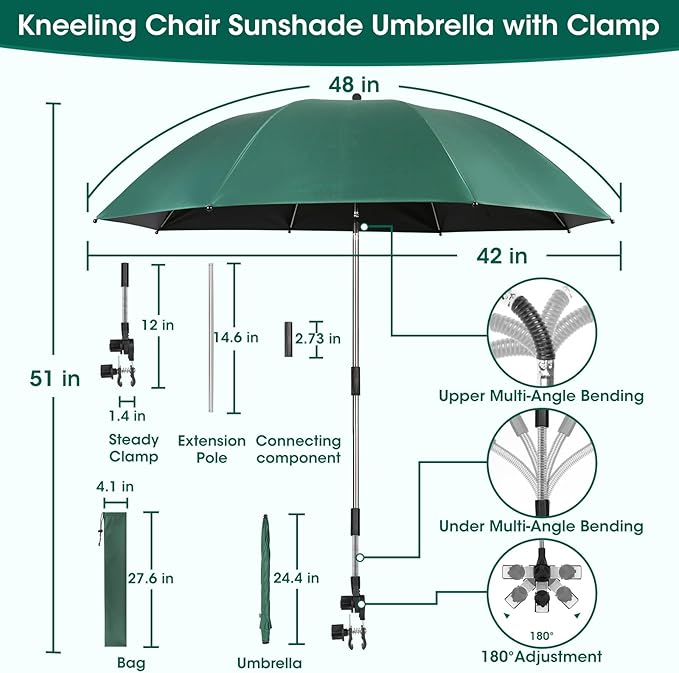 2-in-1 Garden Kneeler with Umbrella Garden Kneeling Bench &amp Green Umbrella Portable Garden Stool Loads Capacity 330lb and Garden Tools Bag with bottle holder Gardening Gifts for WomenMenSenio