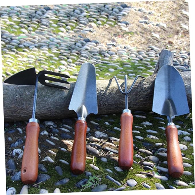 Garden Tools Set Mini Stoving Varnish Shovel with Thickened Iron Spade and Wooden Handle for Planting and Weeding 4pcs Gardening Hand Tool Kit for Patio and Lawn Care
