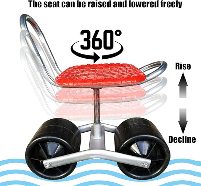 Rolling Garden Cart Work Seat Mobile Stool Bench with Height-Adjustable Swivel Seat 440-Pound Capacity for Outdoors Lawns and Yards(RedTwo Wheels)