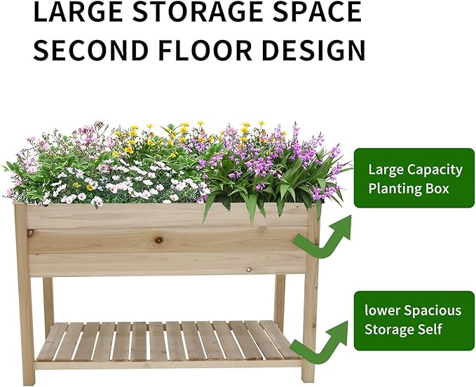 Raised Garden Bed Planter Box with Legs &amp Storage Shelf Wooden Elevated Vegetable Growing Bed for Flower/Herb/Backyard/Patio/Balcony 48.5x30x24.4in(colourless)