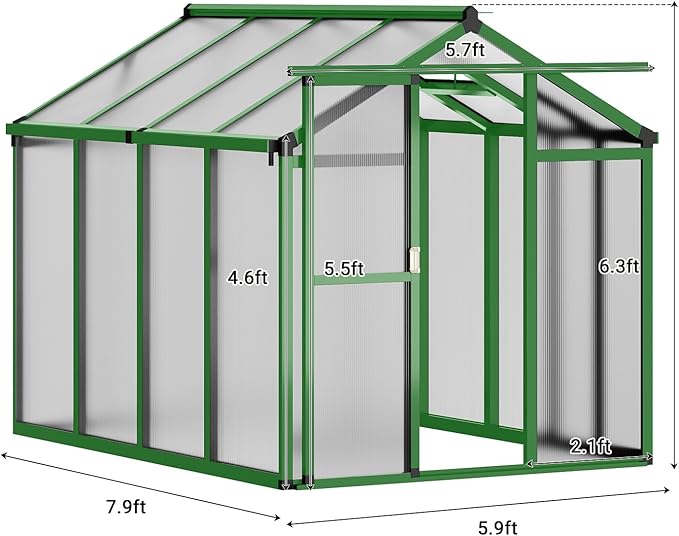 6x8 FT Greenhouse Greenhouse for Outdoors Polycarbonate Greenhouses with Quick Setup Aluminum Frame and Roof Vent Lockable Door for Backyard Green Houses for Outside Garden Backyard Patio