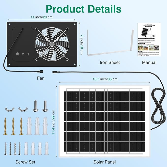 Solar Powered Fan with 15000mAh Battery &amp Timer 25W 3500RPM High-Speed Solar Exhaust Fan Low Noise Waterproof Ventilation for Chicken Coop Greenhouse Shed Pet House &amp Window