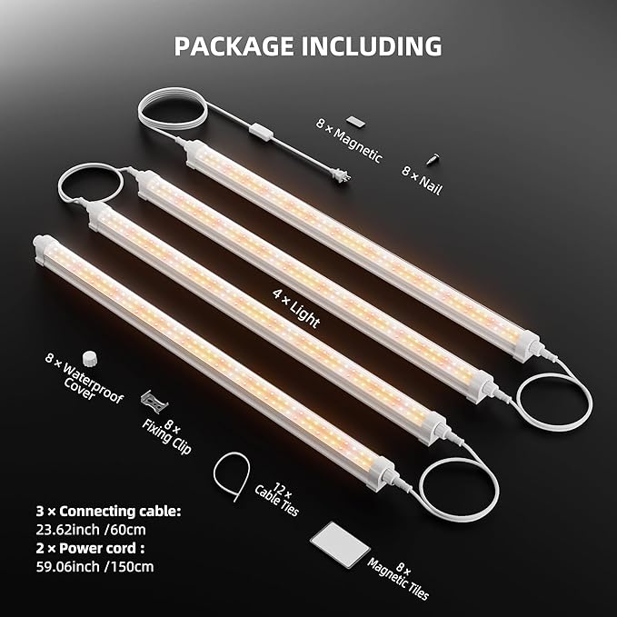 Spider Farmer 2FT LED Grow Lights for Indoor PlantsFull Spectrum (3000K+5000K+660nm)80W (4x20W400W Equivalent)IP65 WaterproofLinkable DesignPlant Light Strip for ShelvesGreenhouse4-Pack