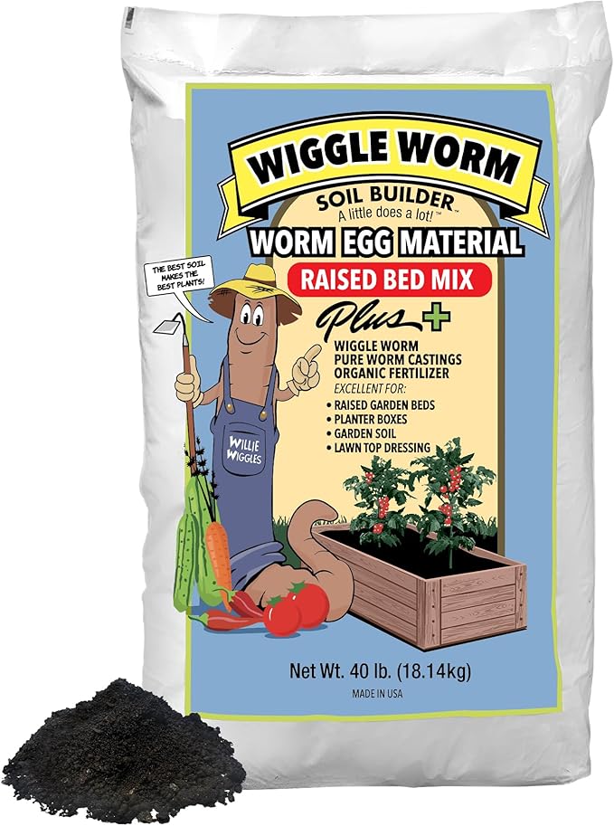 Raised Bed Mix 40lbs - Organic Soil and Fertilizer for Container Gardening - Worm Egg Material Mixed with Odor Free Pure Worm Castings