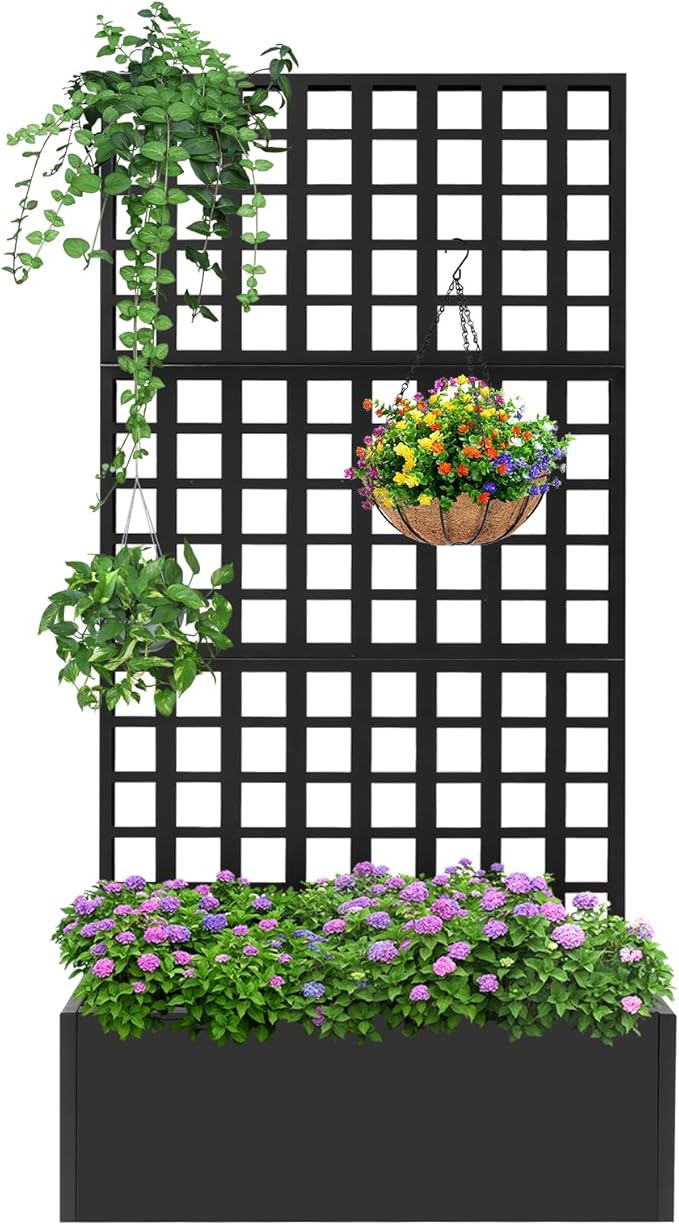 Metal Raised Garden Bed with Privacy Screen Standing Vertical Horticulture Trellis Planter Planter Box with Trellis - for Climbing Plants Vegetables Herbs &amp Flowers - 71x35x16 (Black)