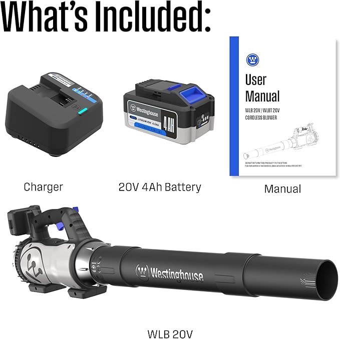 Westinghouse Cordless 20V Leaf Blower with 4Ah Battery and Charger 350 CFM and 110 MPH Max Airspeed 2 hr. Charge Time with Variable Speeds