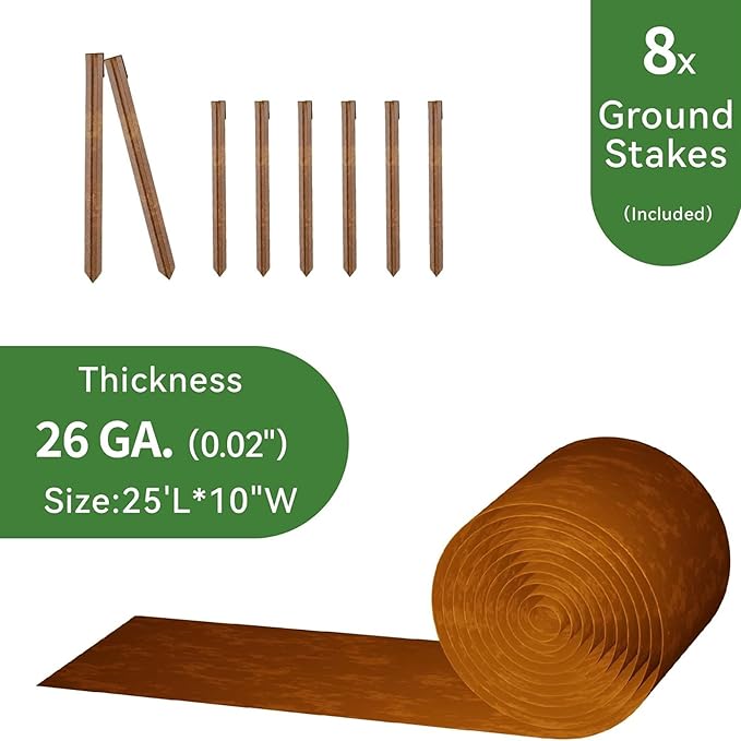 Worth Galvanized Steel Landscape Edging Roll Flexible Metal Garden Border Fence with 8 Stakes for Lawn Flower Bed Yard 10 Inch x 25 Foot Rust